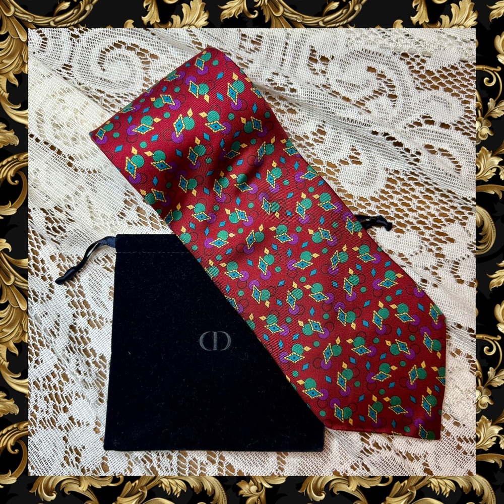 Dior Burgundy and Green Patterned Tie